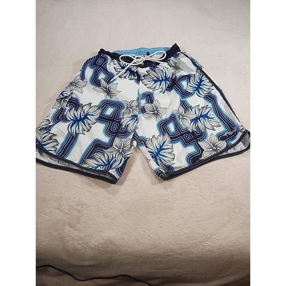 OP Ocean Pacific Mens Swim Trunks/ Blue Tropical/Lined/Drawstring Waist/Medium